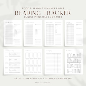 Könnte beinhalten: Eine Sammlung druckbarer Lesetracker-Seiten. Die Seiten umfassen einen Lesetracker, Leseminuten, Genre-Tracker, Lesen auf einen Blick, aktuell lesen, meine Bibliothek, Leseprotokoll und Bücherregal. Der Text auf dem Bild lautet "READING TRACKER BUNDLE PRINTABLE | 36 PAGES".