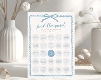 Bingo para baby shower: encuentra al invitado - Juego rompehielos azul, plantilla editable de Canva, descarga instantánea, BSB01