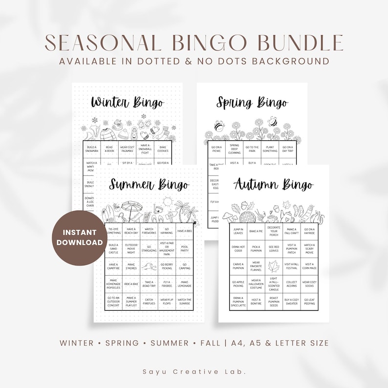 Seasonal Activity Bingo Bundle: Printable Winter, Spring, Summer, Fall ...