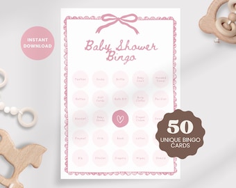 50 tarjetas de bingo para niña / Juego imprimible para baby shower / Bingo rosa para baby shower / Actividades divertidas para niña / Descarga instantánea
