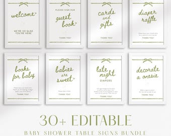 Editable Green Baby Shower Table Signs Bundle – Party Game & Activities Sign Decor, Instant Download