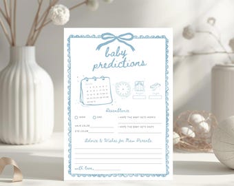 Tarjeta imprimible con predicciones y consejos para baby shower: Juego de adivinanzas con lazo azul, descarga digital, BSB01