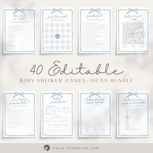Könnte beinhalten: Ein Bundle mit 40 editierbaren Babyparty-Spielen und -Schildern. Spiele wie "The Price is Right", "Find the Guest", "Family Feud" und "Baby Shower I Spy" sind enthalten. Jedes Spiel hat einen hellblauen Rahmen.