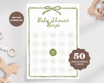 50 tarjetas de bingo para bebés imprimibles: Juego minimalista con lazo verde para baby shower, descarga instantánea.