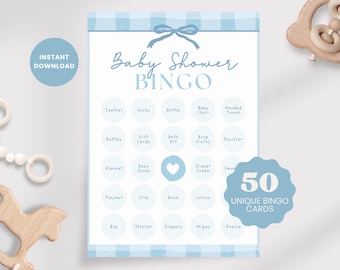 50 tarjetas de bingo para bebés con estampado de cuadros azules: actividades imprimibles para juegos de baby shower, descarga instantánea.