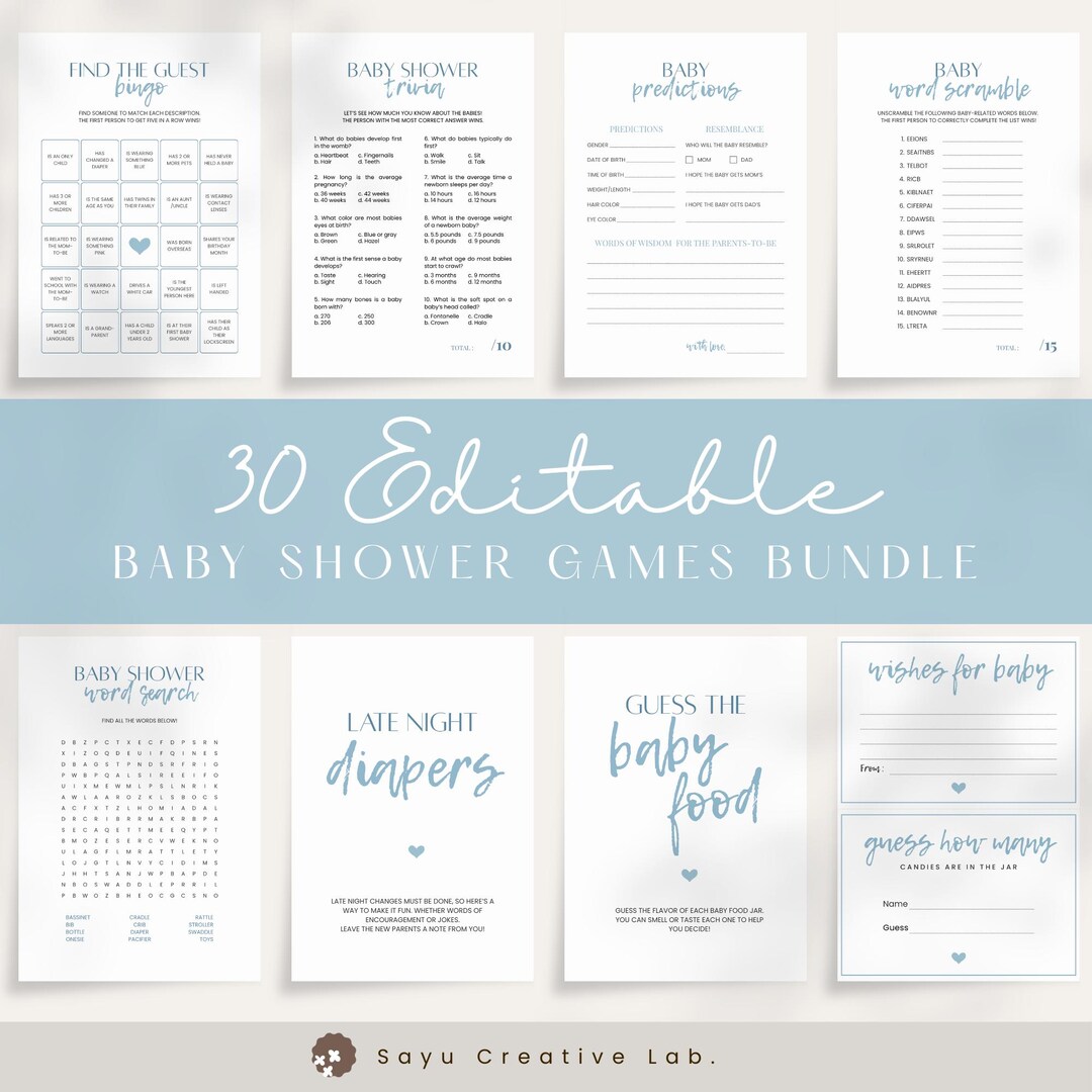 Dusty Blue Baby Boy Shower Games Bundle | Editable Minimalist Shower ...