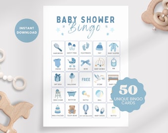 Bingo para Baby Shower Azul / 50 Tarjetas Únicas / Actividad Imprimible con Tema de Bebé Niño (Descarga Instantánea)