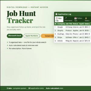 May include: Digital download of a Job Hunt Tracker spreadsheet. The green and white design includes the title, "Job Hunt Tracker," and a description. Features include organized tabs, auto-calculated stats, and no subscription. Includes an application log.