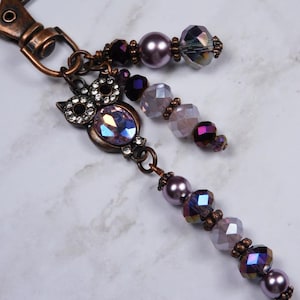 Owl Crystal Handmade Purse Charm Keychain Copper Purple New