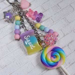 Sweet Candy Lollipop Gummy Bear Heart Purse Charm Bag Clip Pastel Swirl Handmade New