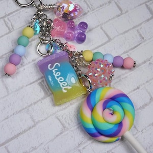 Sweet Candy Lollipop Gummy Bear Heart Purse Charm Bag Clip Pastel Swirl Handmade New