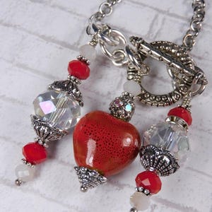 Toggle Rolo Chain Purse Bag Charm Bag Red Silver Crystal Ceramic Heart Handmade New