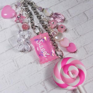 Sweet Candy Lollipop Gummy Bear Purse Charm Bag Clip Pink Swirl Handmade New