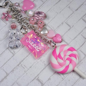 Sweet Candy Lollipop Gummy Bear Purse Charm Bag Clip Pink Swirl Handmade New