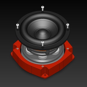 May include: A detailed view of a speaker component. The speaker has a black cone and a black rim, secured by four screws. The base is a bright red, angular shape. The background is a dark gray.