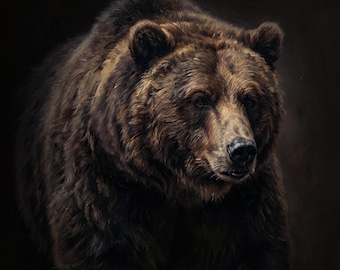 Dark Academia Bear kunst aan de muur, humeurig gotisch olieverfschilderij, decor groot mannelijk leeshoekje