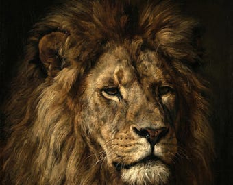 Dark Academia Lion Wall Art, humeurig gotisch olieverfschilderij, decor groot mannelijk leeshoekje