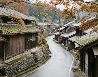 Japanse grote landschapsmuurkunst Village Road in herfstprint
