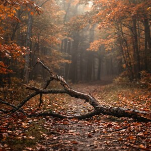 Könnte beinhalten: Eine malerische Herbstwaldszene mit einem umgestürzten Ast im Vordergrund. Der Weg ist mit Herbstlaub bedeckt, und die Bäume zeigen leuchtend orange und braunes Laub. Die Szene ist von einem sanften, nebligen Licht umhüllt, das eine ruhige Atmosphäre schafft.