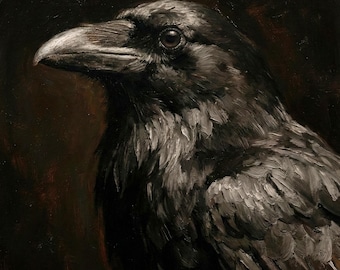 Raven Dark Academia Art, humeurig gotisch olieverfschilderij, decor groot mannelijk leeshoekje