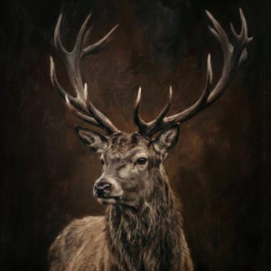 Dark Academia Stag Wall Art, Moody Deer Portrait Print, Vintage Oil Painting Style, Large Masculine Reading Nook Decor