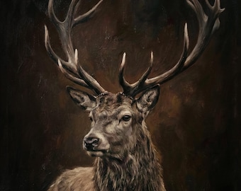 Dark Academia Stag Wall Art, humeurige herten portret print, vintage olieverfschilderij stijl, groot mannelijk decor leeshoek