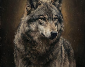 Wolf Dark Academia Wall Art, humeurig gotisch olieverfschilderij, decor grote mannelijke leeshoek