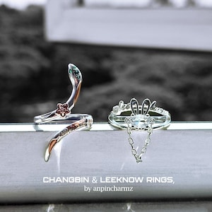 May include: Two silver rings. One ring is shaped like a snake with green and red accents. The other ring has a bunny ear design with a dangling chain. The text "CHANGBIN & LEE KNOW RINGS, by anpincharmz" is at the bottom.