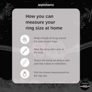 May include: A graphic with instructions on how to measure ring size at home. The text reads: Wrap string around finger, mark ends, measure in millimeters, and pick the closest ring size.