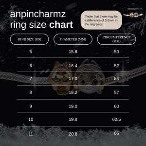May include: Ring size chart from anpincharmz, displaying US ring sizes 5-11 with corresponding diameter and circumference measurements in millimeters. Includes a note about a 0.2mm size difference. Two charm rings are shown.