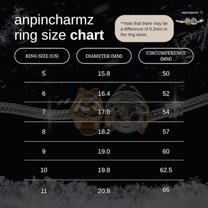 May include: Ring size chart from anpincharmz, displaying US ring sizes 5-11 with corresponding diameter and circumference measurements in millimeters. Includes a note about a 0.2mm size difference. Two charm rings are shown.
