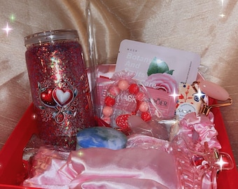 Valentine's Day Spa Gift Basket, Snow Globe Tumbler, Beaded Keychain