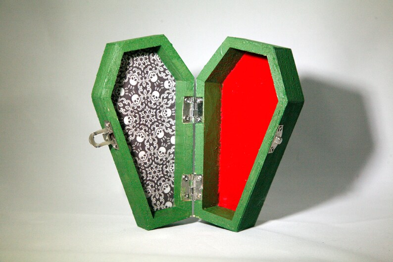 Green Wooden Coffin Gift Box lined with Vintage Red Velvet