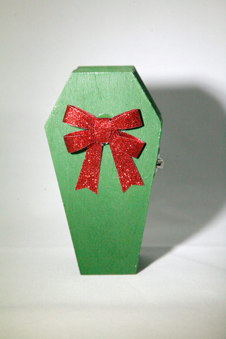 Green Wooden Coffin Gift Box lined with Vintage Red Velvet