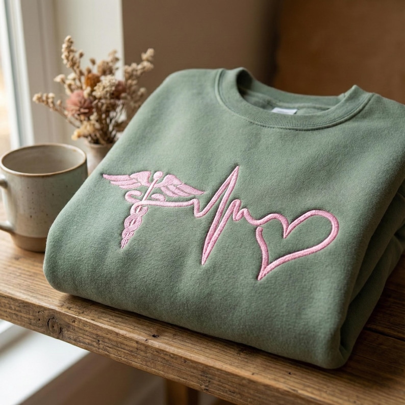 May include: A folded, olive green sweatshirt with a pink embroidered medical symbol and heartbeat design. The sweatshirt is made of a soft material and is folded neatly on a wooden surface.