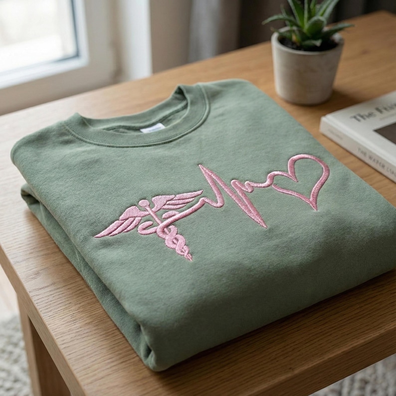 May include: Sage green sweatshirt with a pink embroidered medical symbol and heartbeat design. The sweatshirt is folded neatly on a wooden surface. The design includes a caduceus and a heart, suggesting a medical or healthcare theme.