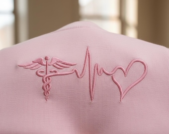 Nurse Medical Heartbeat Embroidery Design with Caduceus, Cute Nurse Line Art Medical Machine Embroidery File, Nurse Love Embroidery PES DST