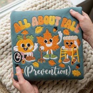 May include: A teal sweatshirt featuring embroidered cartoon characters including a pumpkin in a wheelchair, a maple leaf with a cane, and a slice of pumpkin pie with a walker. The text reads ALL ABOUT FALL (Prevention) with small acorns and leaves.