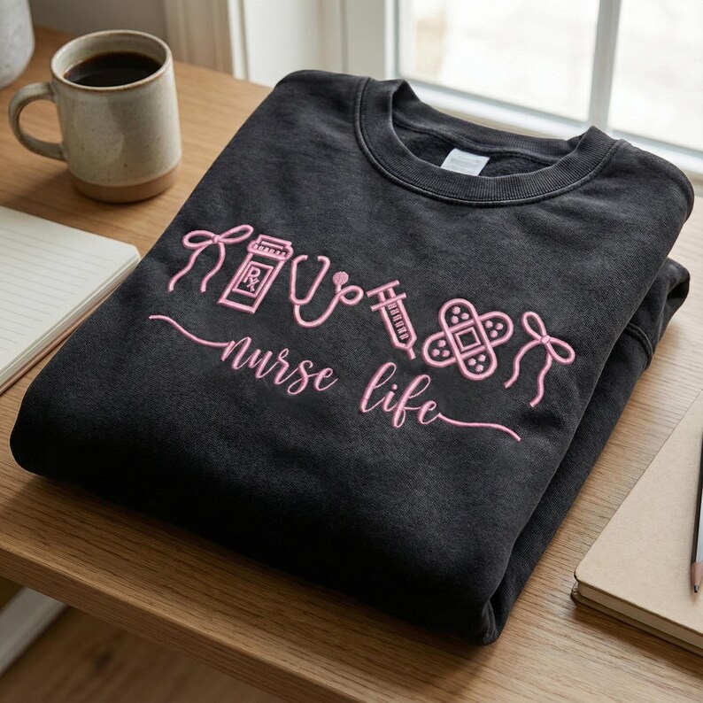 May include: A dark gray sweatshirt with the words "nurse life" in pink script, along with pink embroidered medical symbols. A coffee mug and notepad are visible in the background.