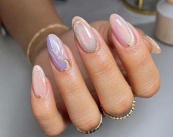 Pink Aurora Chrome Glitter Press On Nails Almond Shape Glossy Cute Summer Nails Reusable Nail Set Gift for Her