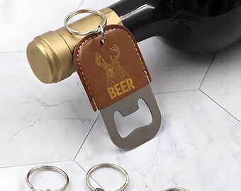Funny Deer Bear Beer Leather Bottle Opener Keychain, Hunting Drinking Party Gift for Men, Beer Lover Gift Idea