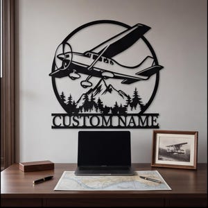 Pilot Gift, Aviation Home Decor, Travel Enthusiast Gift,  Airplane Metal Sign, Custom Mountain Forest Plane Wall Art, Custom Name Sign