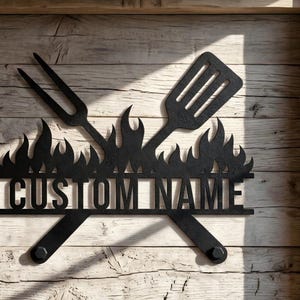 Custom BBQ Metal Sign - Personalized Grilling Name Decor, Flame Tool Wall Art