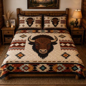 May include: A rustic bed set featuring a bison design. The cream-colored quilt and pillow shams showcase a large bison head and geometric patterns in shades of brown, orange, and turquoise. The bed frame is made of wood, and the room has a warm, inviting atmosphere.