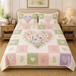 Floral Heart Quilt Bedding Set, Cottagecore Patchwork Bedding, Pastel Flower Bedroom Decor, Romantic Quilt Set, Shabby Chic Bedding Gift