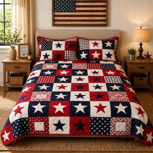 Patriotic Patchwork Quilt Bedding Set, American Star Quilt, Red White Blue Bedding, Americana Bedroom Decor, 4th of July Quilt Gift