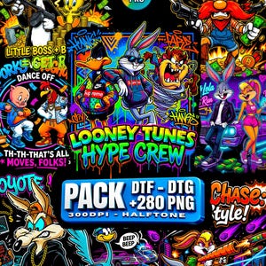以下が含まれることがあります： 落書き風のデザインで、様々なルーニー・テューンズのキャラクターが登場する鮮やかなデジタルアートプリント。バックス・バニー、ダフィー・ダック、シルベスター、トゥイーティーなどが含まれており、「LOONEY TUNES HYPE CREW」と「PACK DTF-DTG +280 PNG」の文字があります。