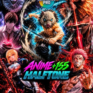 Puede incluir: Un póster digital con varios personajes de anime, incluyendo un guerrero con máscara de jabalí, un espadachín de pelo puntiagudo y una entidad oscura. El texto SEMITONOS PRO aparece arriba, con ANIME+155 HALFTONE en rosa y azul brillante en el centro.