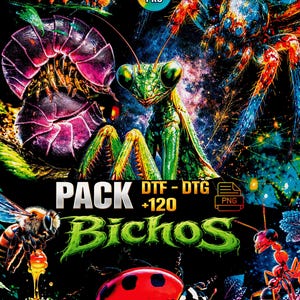 Może przedstawiać: Żywy cyfrowy nadruk artystyczny przedstawiający różnorodne owady, w tym modliszkę, pająka, pszczołę, biedronkę i mrówkę. Obraz zawiera tekst "PACK DTF-DTG +120 Bichos PNG" pogrubioną zieloną czcionką na czarnym tle.