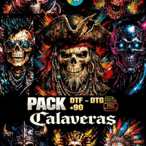 May include: A digital art print showcasing diverse skull illustrations. The artwork includes a pirate, a punk rocker, and an astronaut skull. The text "PACK +90 CALAVERAS" is displayed prominently, indicating a collection of designs.